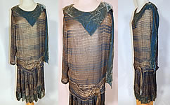 Vintage Art Deco Striped Blue & Gold Lam&eacute; Lame Velvet Drop Waist Flapper Dress
