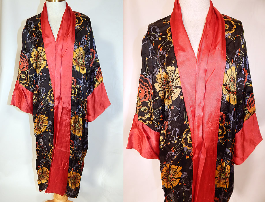 Vintage Art Deco Red & Black Flower Print Silk Flapper Kimono Robe Coat
This vintage Art Deco red and black flower print silk flapper kimono robe coat dates from the 1920s. It is made of a black silk rayon fabric, with a colorful floral silk screen print pattern design and red trim edging along the front opening and sleeve cuffs.