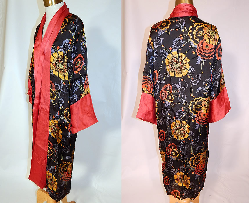Vintage Art Deco Red & Black Flower Print Silk Flapper Kimono Robe Coat
This fabulous flapper kimono robe style coat is loose fitting, a long length, with a fold over collar lapel, long full sleeves, an open front with no closure and is unlined.