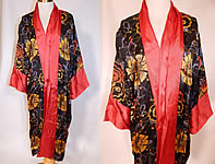 Vintage Art Deco Red & Black Flower Print Silk Flapper Kimono Robe Coat
