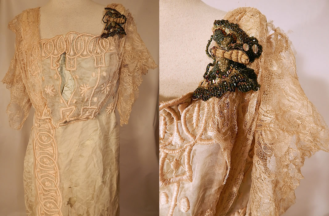 Edwardian Blue Silk Embroidered Lace Beaded Butterfly Ball Gown Dress
This beautiful ball gown was custom made, has a long floor length with back train skirt and attached carrying strap, a squared neckline, flared tiered lace sleeves, hook closures on the back and is unlined. The dress measures 58 inches long in the front, 67 inches long in the back, with a 26 inch waist and 36 inch bust. 