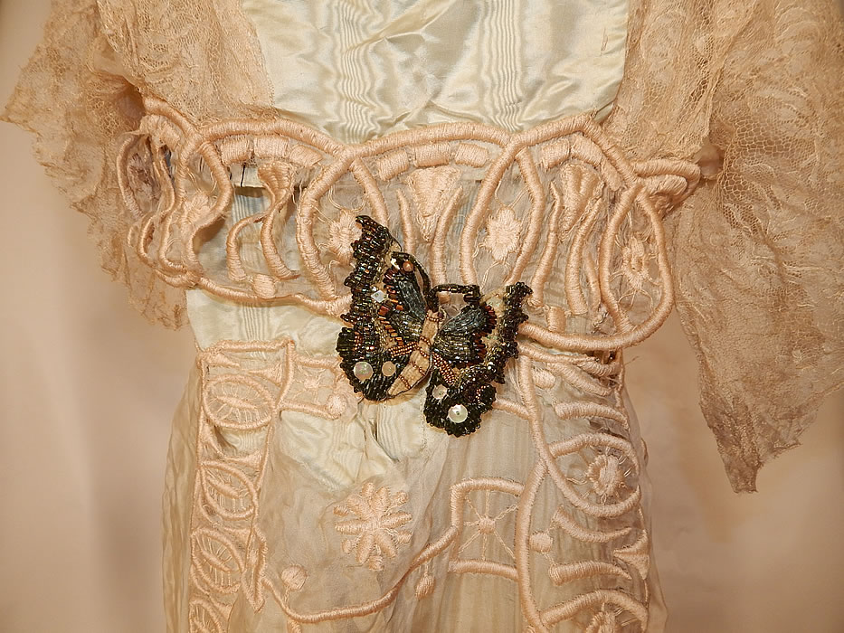 Edwardian Blue Silk Embroidered Lace Beaded Butterfly Ball Gown Dress
The gown belonged to socialite Miss Marianna Wright Taussig of South Dwight Place, Englewood, NJ. This is truly a wonderful piece of provenance and textile art which would be great for design! 