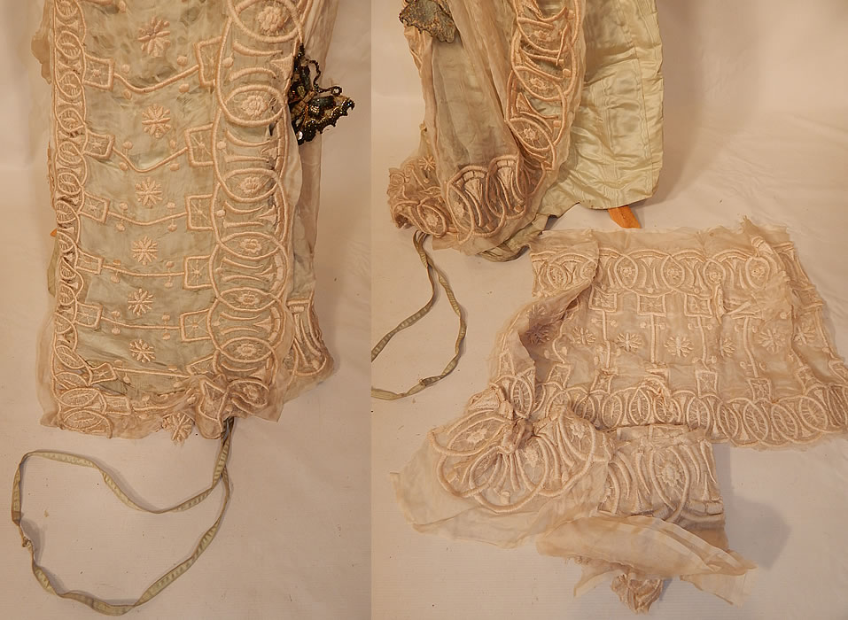 Edwardian Blue Silk Embroidered Lace Beaded Butterfly Ball Gown Dress
The dress is in fair as-is condition with several frays, splits shattering along the sheer silk fabric overlay, some fraying discoloration under the arms and the lace sleeves are loose needing reattaching. Included is some extra unused matching silk chiffon embroidered fabric which could perhaps be used for repairs and restoration. 