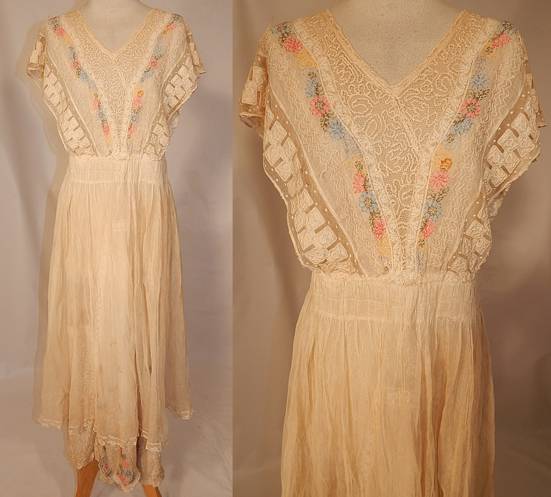 Edwardian Embroidered Pastel Flowers Cream Net Batiste Lace Dress Gown
This vintage Edwardian era embroidered pastel flowers cream net batiste lace dress gown dates from 1915. It is made of an off white cream color net and sheer batiste fabric, with decorative stitching hand embroidery work, colorful pastel flowers and lace trim.