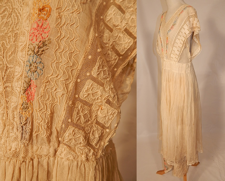 Edwardian Embroidered Pastel Flowers Cream Net Batiste Lace Dress Gown
This lovely lace dress gown has a long full floor length layered tiered skirt, smocking around the waistband, a layered sleeveless top, V necklines, hook closures down the back and is fully lined in net and cotton batiste. 
