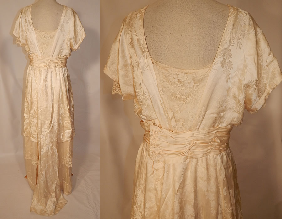 Edwardian Titanic Silk Damask Brocade Tambour Embroidery Lace Wedding Gown Dress
The dress measures 56 inches long in the front, 62 inches long in the back, with 40 inch hips, a 26 inch waist and 40 inch bust. 