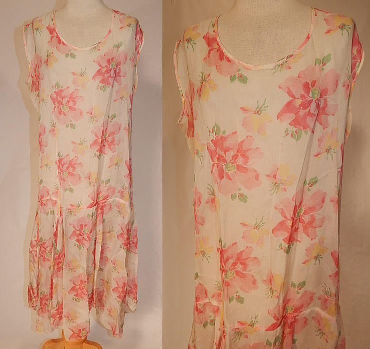 Vintage Pink Poppy Print Flower Silk Drop Waist Dress Handkerchief Hemline Skirt
This vintage pink poppy print flower silk drop waist dress handkerchief hemline skirt dates from the 1920s. It is made of a white background with a pastel pink poppy flower print on a sheer silk fabric.