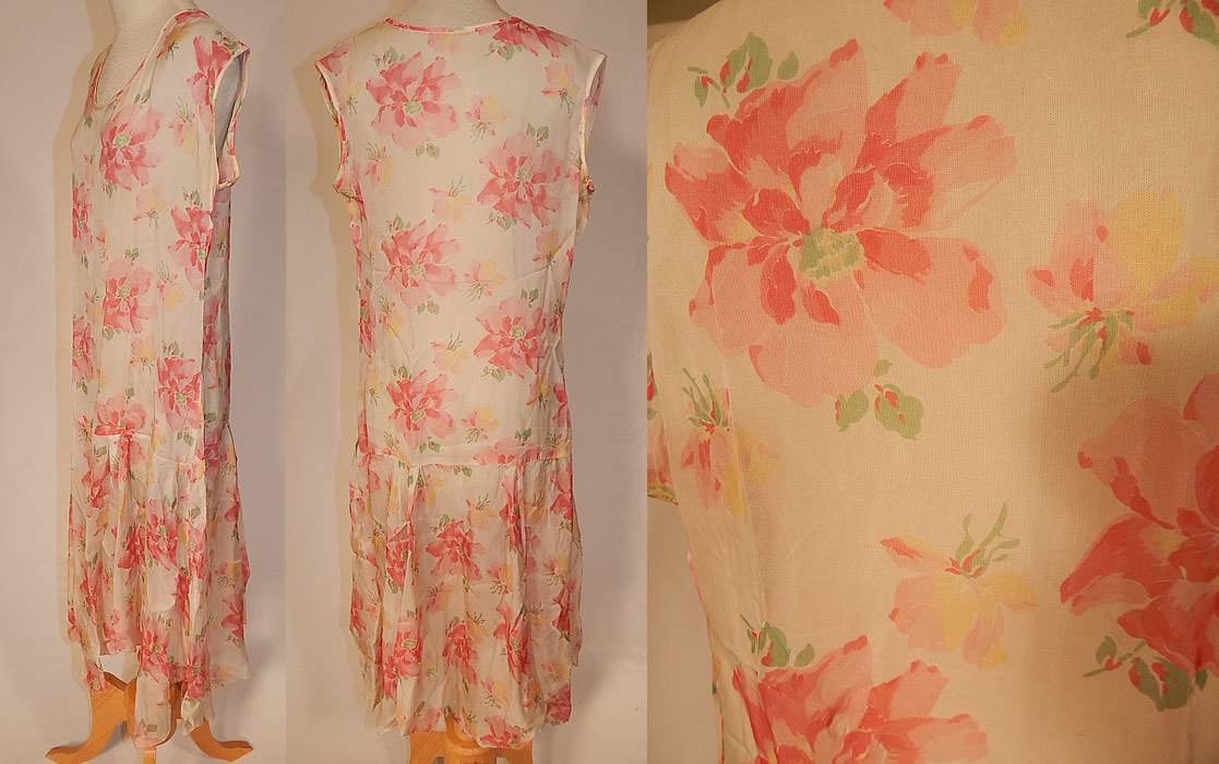 Vintage Pink Poppy Print Flower Silk Drop Waist Dress Handkerchief Hemline Skirt
This fabulous floral flapper dress is loose fitting, with a drop waist, sleeveless top, an uneven handkerchief hemline skirt and is sheer, unlined. The dress measures 41 inches long, with a 38 inch waist and 36 inch bust. It is in excellent condition. This is a wonderful piece of wearable art!