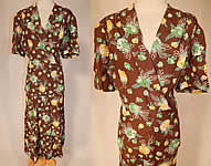 Vintage Brown Green Yellow Flower Bouquet Novelty Print Rayon Peplum Dress
