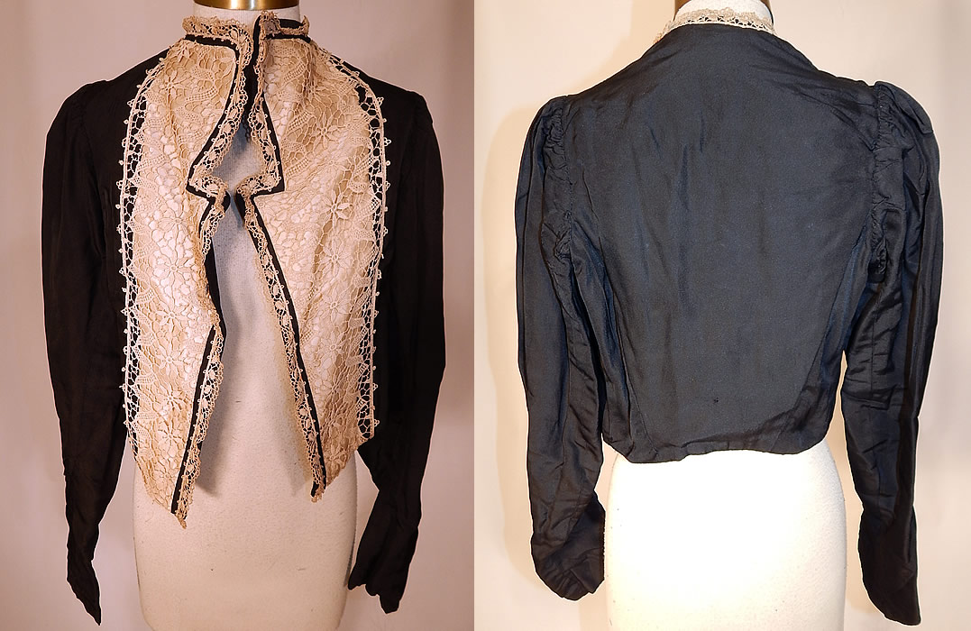 Victorian Black Silk White Lace Bolero Spencer Jacket Cropped Top
The jacket measures 16 inches long, with a 26 inch waist, 32 inch bust and 23 inch long sleeves. It is in good condition, with only a small frayed seam under one arm. This is truly a wonderful piece of antique Victoriana wearable art!