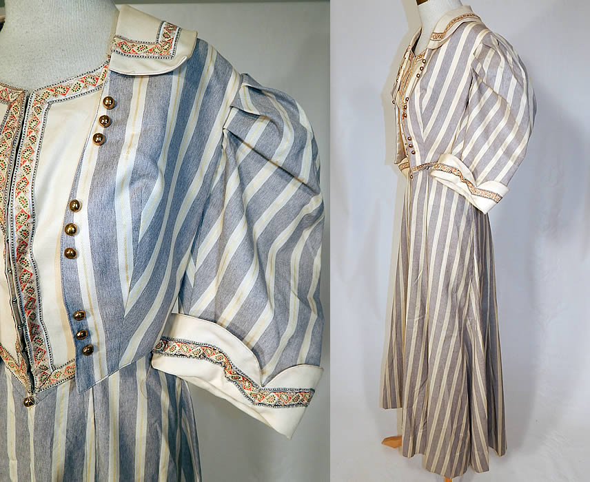 Edwardian Gray & White Striped Paisley Trim Summer Walking Suit Jacket Skirt
This stunning striped two piece light weight summer walking suit includes a short bolero bodice jacket top, with open front, an inner dickey style front insert hook closures, fold over collar, gathered pleated shoulders, short puffy sleeves with rolled cuffs and is fully lined.