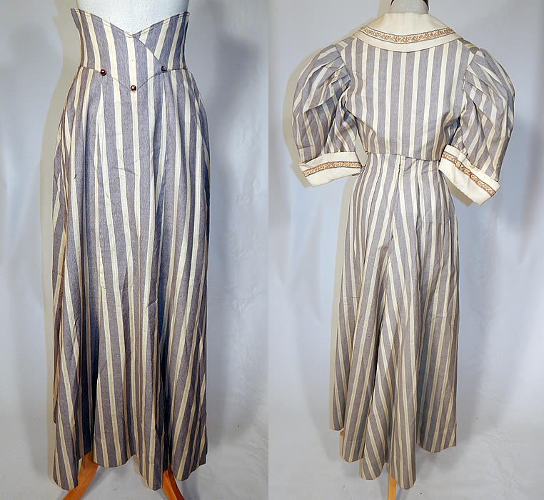 Edwardian Gray & White Striped Paisley Trim Summer Walking Suit Jacket Skirt
The top measures 14 inches long, with a 26 inch waist and 34 inch bust. There is a matching fabric long floor length full skirt, with a high waist V top which has stays, boning sewn inside, gold buttons accents on front, back hook closures and is unlined. The skirt measures 40 inches long, with 38 inch hips and a 22 inch waist. It is in excellent condition, with only 1 button missing off the front waist. This is truly a rare wonderful piece of wearable antique textile art!