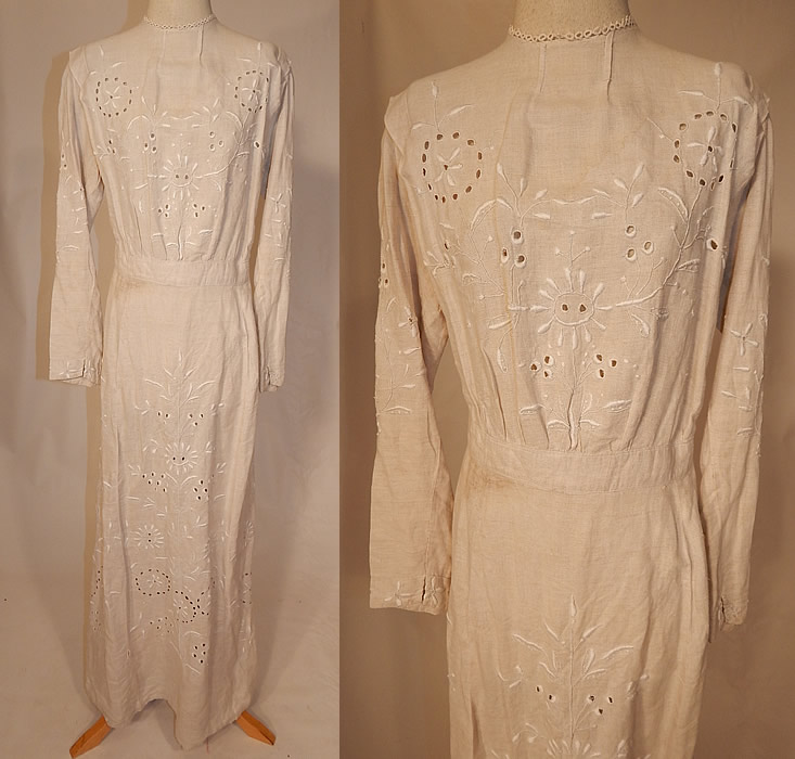 Edwardian Creamy Off White Linen Eyelet Embroidered Cutwork Garden Party Dress
This antique Edwardian era creamy off white linen eyelet embroidered cutwork garden party dress dates from 1905. It is made of a creamy off white ecru color fine quality linen fabric, with white raised padded satin stitch embroidery work and eyelet drawn cutwork done in a floral leaf design.