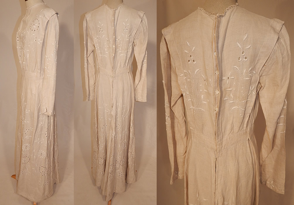 Edwardian Creamy Off White Linen Eyelet Embroidered Cutwork Garden Party Dress
This gorgeous garden party dress has a high neckline with lace trim edging, long sleeves, a fitted waist, long floor length skirt, buttons down the back for closure and is unlined. The dress measures 57 inches long, with 44 inch hips, a 28 inch waist, 34 inch bust and 22 inch long sleeves. 