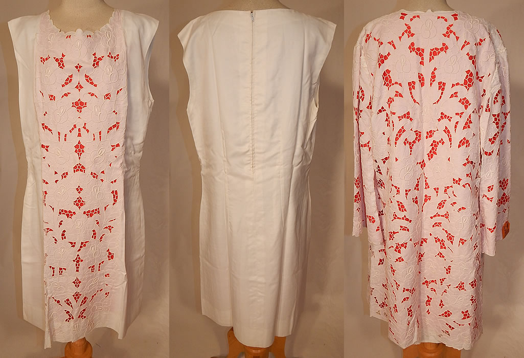 Vintage Casa Regional Portugal Madeira Hand Embroidery Lace Shift Dress & Coat
This lovely lace two piece summer outfit includes a loose fitting shift style dress with a scalloped lace neckline front panel backed in a orangish red nylon fabric, sleeveless, with back zipper closure and is fully lined.