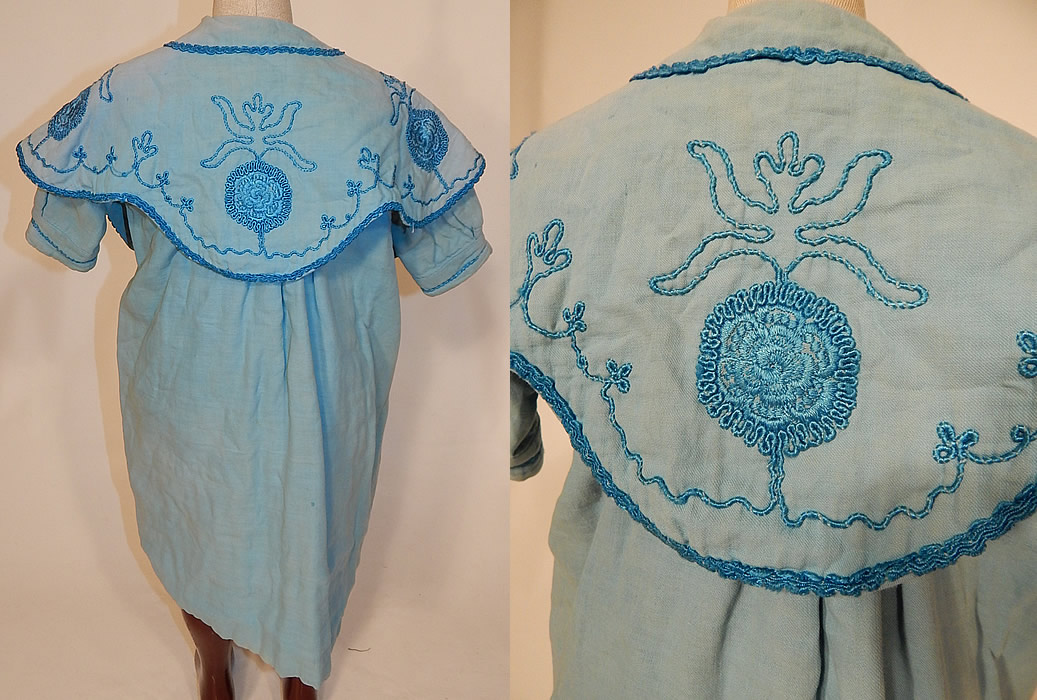 Edwardian Blue Embroidered Soutache Braided Trim Childs Winter Coat
The coat measures 24 inches long, with a 32 inch waist and 26 inch chest. It is in good condition, with only some slight fade discoloration in areas. This is truly a wonderful piece of wearable antique textile art!