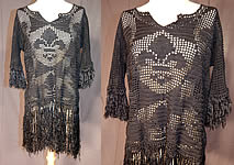 Vintage Black Macrame Crochet Fringe Fleur de lis Flapper Babydoll Dress Blouse Top
