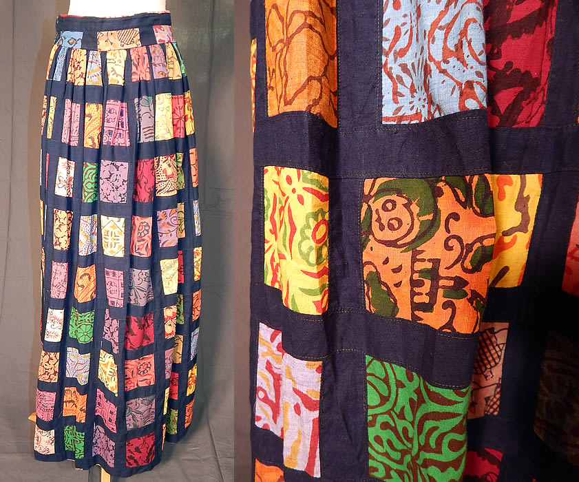 Vintage Something Oscar de la Renta Patchwork Batik Boho Maxi Skirt
This beautiful boho maxi skirt is a long full floor length, with a fitted waistband, side hook, zipper closure and is fully lined.
