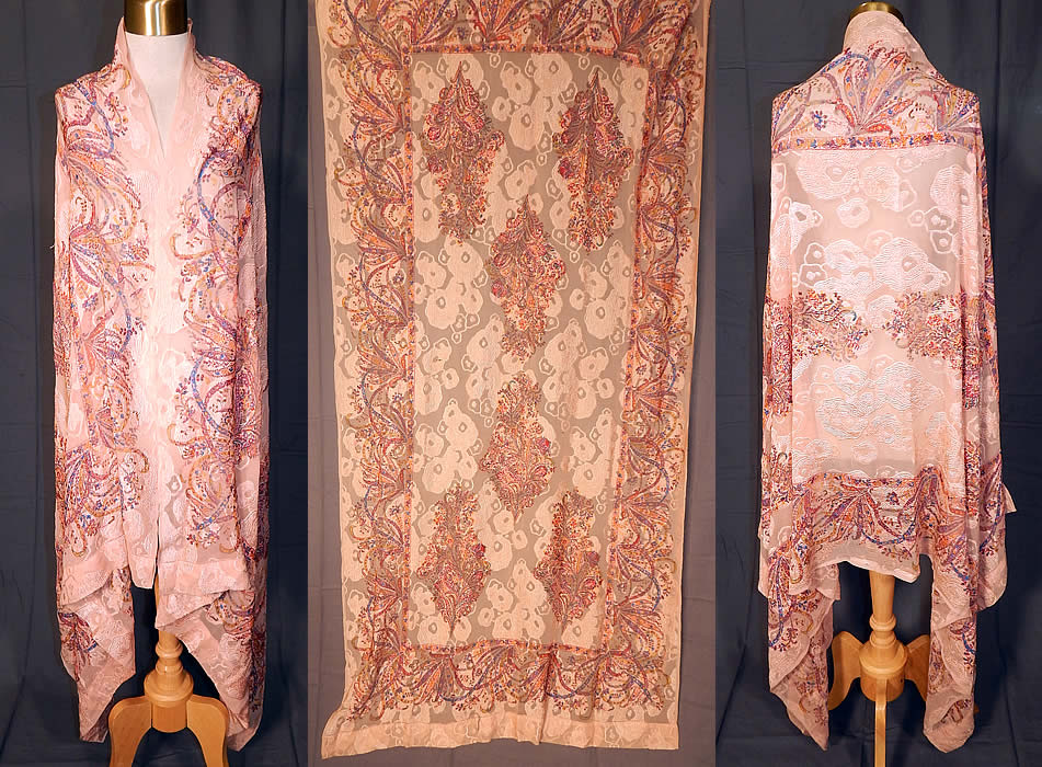 Vintage Liberty Art Deco Peach Paisley Devore Burnout Silk Chiffon Cape Shawl
This amazing Art Deco vintage peach paisley devore burnout silk chiffon cape shawl dates from the 1920s. It is made of a peachy pink pastel color sheer fine silk chiffon devore style fabric, with a colorful burnout, raised embossed abstract paisley floral design pattern.