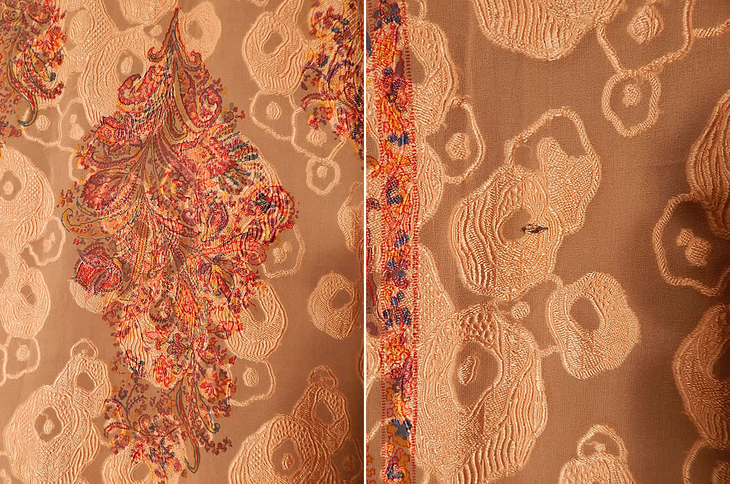 Vintage Liberty Art Deco Peach Paisley Devore Burnout Silk Chiffon Cape Shawl
The shawl measures 80 inches long and 39 inches wide. It is in excellent condition, with only two tiny frayed holes near the edging (see close-up). This is truly an extraordinary piece of Art Deco textile art!