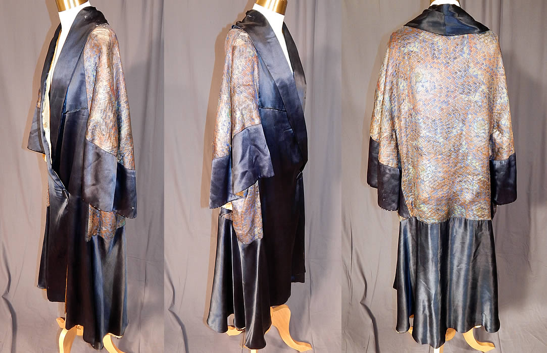 Vintage Art Deco Navy Blue Silk Gold Lamé Lame Flapper Opera Coat Cape Cloak
This fabulous flapper opera coat has a cape cloak style, with attached capelet creating dolman sleeves, a fold over lapel collar, drop waist, button front waist closure, flared skirted bottom and is fully lined in a golden yellow silk fabric which is frayed inside. The coat measures 41 inches long, with a 44 inch bust and 44 inch waist.