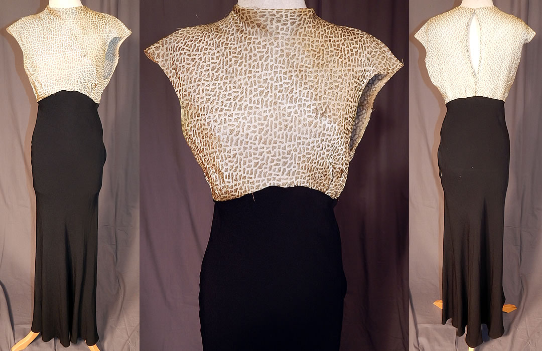 Vintage Black Silk Crepe Gold Lamé Lame Animal Print Spotted Bias Cut Dress
This vintage Art Deco black silk crepe gold lamé animal print spotted bias cut dress dates from the 1930s. It is made of a gold metallic lamé thread woven fabric top in an animal print spotted pattern design, with a black silk crepe skirt