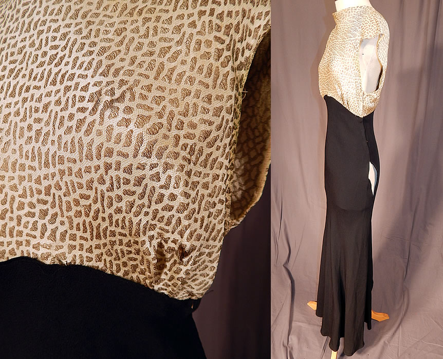 Vintage Black Silk Crepe Gold Lamé Lame Animal Print Spotted Bias Cut Dress
t is in as-is fair condition, with 2 tiny pin holes on the back skirt, 3 tiny frayed pulls on the silk lamé fabric front top and an open side seam on the skirt (see close-ups). This is truly a wonderful piece of wearable Art Deco textile art in need of some minor restoration!