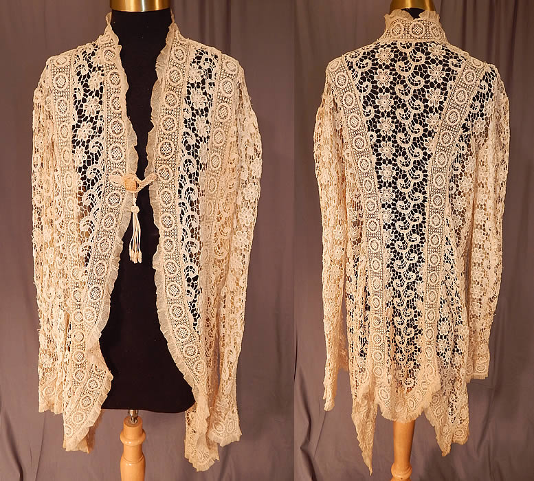 Vintage Edwardian Antique Cream Lace Cutaway Front Tailored Tail Coat Jacket
This exquisite vintage Edwardian era antique cream lace cutaway front tailored tail coat jacket dates from 1910. It is made of an off white cream color lace with connecting thread picot ornamented bars and decorative spiral, floral, leaf, scroll work designs. 