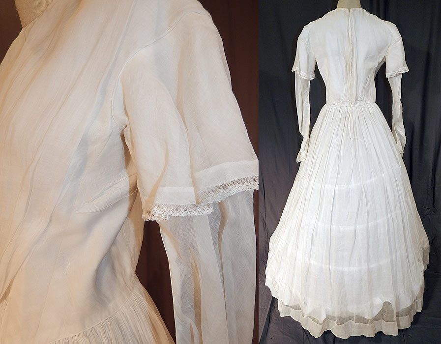 Victorian Era White Muslin Hoop Skirt Wedding Gown Dress
The dress measures 57 inches long, with a 26 inch waist, 34 inch bust and 24 inch long sleeves. 