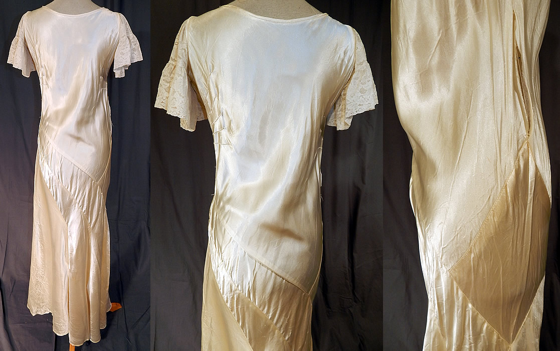 Vintage White Silk Satin & Lace Asymmetrical Bias Cut Wedding Gown Dress
It is in good as-is condition, has not been cleaned, with a few faint small stains on the skirt and a frayed open side seam waist (see close-up). This is truly a wonderful piece of wearable wedding bridal art!