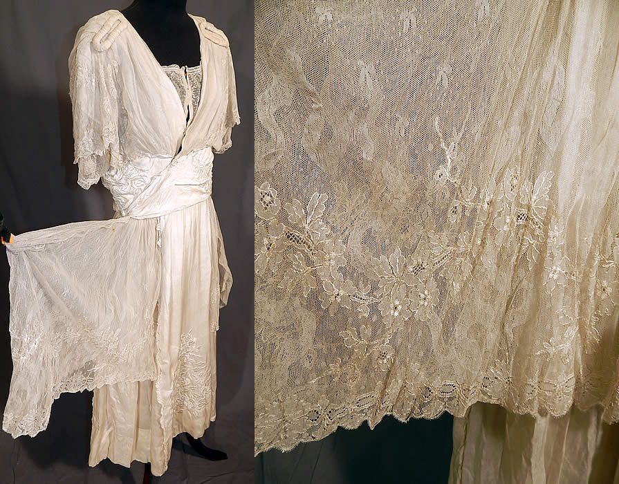 Vintage Robe de Style White Silk Embroidered Piano Shawl Lace Wedding Dress
It was created from an antique finely embroidered Canton Chinese piano shawl fabric. This beautiful bridal wedding dress has a robe de style, with wired trim top lace side skirt pannier panels which come to a point, a layered lace covered top with short sleeves, epaulettes shoulder trim, a lace modesty panel insert neckline, wide embroidered cummerbund waist, skirt and hooks, snap closures on the front.