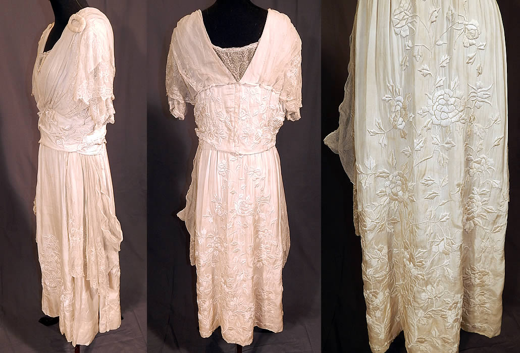 Vintage Robe de Style White Silk Embroidered Piano Shawl Lace Wedding Dress
The dress measures 47 inches long, with a 30 inch waist and 36 inch bust. 