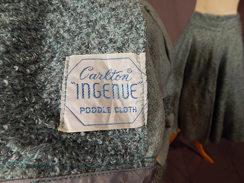 Vintage Blue Boucle Carlton Ingenue Poodle Cloth Circle Skirt & Suit Jacket
There is a "Carlton Ingenue Poodle Cloth" label and size 9-10 tag sewn inside the jacket. It is in good condition, with only a small faint stain on the side skirt. This is truly a wonderful unique piece of wearable art! 