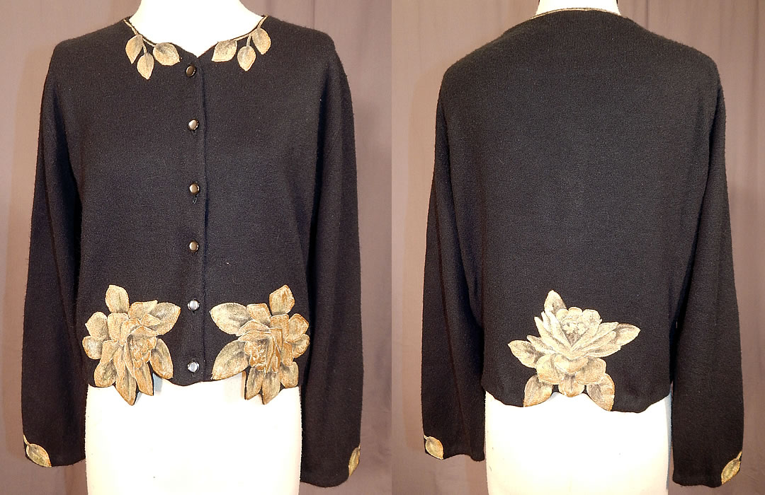 Vintage Marge Wing Black Cashmere Gold Hand Painted Magnolia Cardigan Sweater
This vintage Marge Wing black cashmere gold hand painted magnolia flower cardigan sweater dates from the 1950s