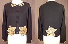 Vintage Marge Wing Black Cashmere Gold Hand Painted Magnolia Cardigan Sweater
