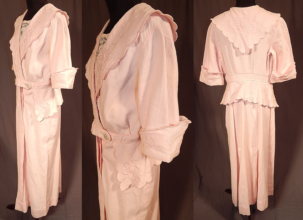 Edwardian Pink Cotton Pique Embroidered Peplum Dress Tea Gown
This pretty pink party dress, tea gown has a white lace front panel insert neckline, with a wide lapel sailor style shawl collar, short sleeves with rolled cuffs, a peplum skirted waist, with button front closures and is unlined. 