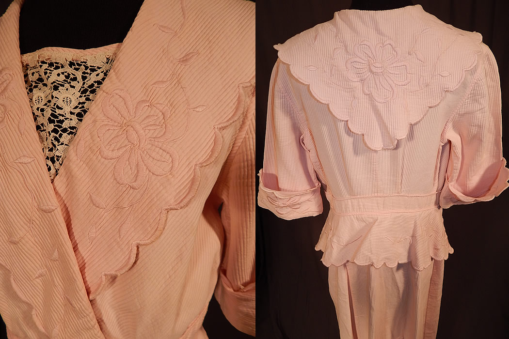 Edwardian Pink Cotton Pique Embroidered Peplum Dress Tea Gown
The dress measures 50 inches long, with 36 inch hips, a 28 inch waist and 36 inch bust. 