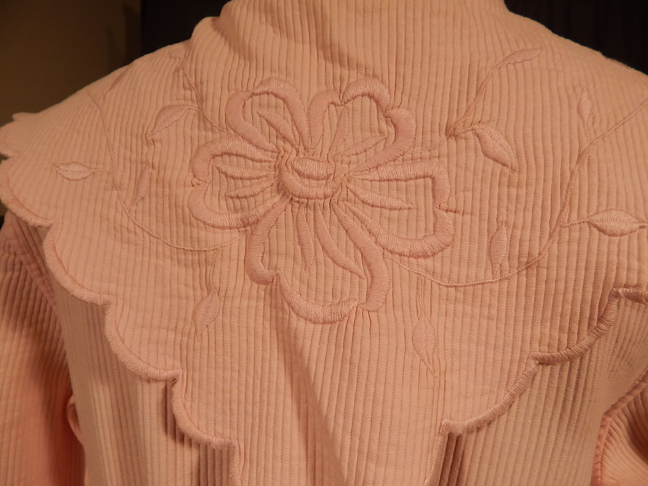 Edwardian Pink Cotton Pique Embroidered Peplum Dress Tea Gown
It is in good condition, with only some slight faint underarm discoloration. This is truly a wonderful piece of wearable art! 