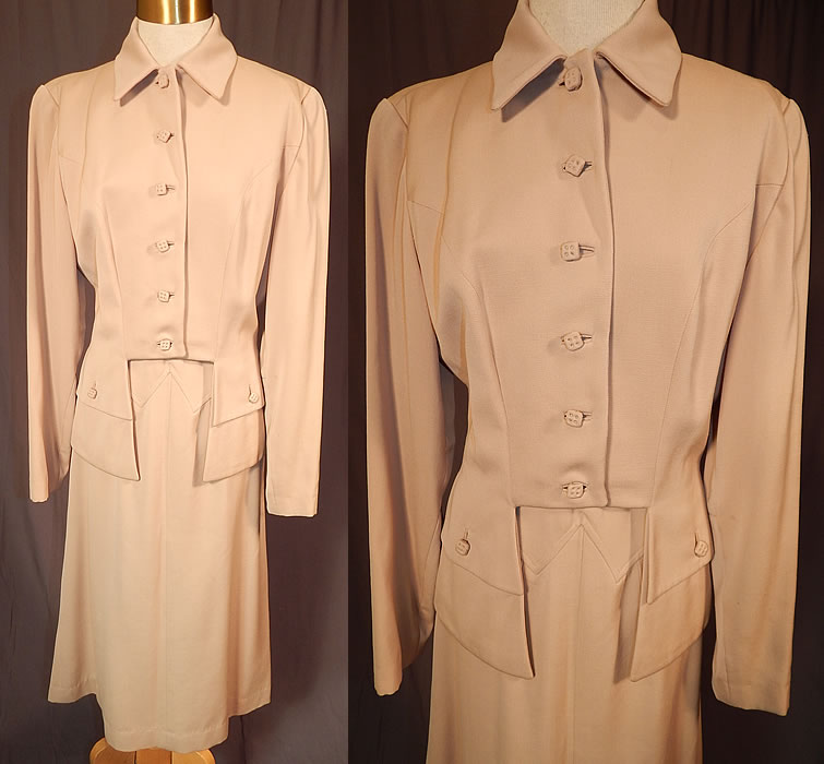 Vintage Susan Garber Originals Beige Gabardine Suit Jacket Pencil Skirt
This vintage Susan Garber Originals beige gabardine suit jacket, pencil skirt dates from the 1940s. It is made of a pale brownish yellowish beige color gabardine fine wool fabric.