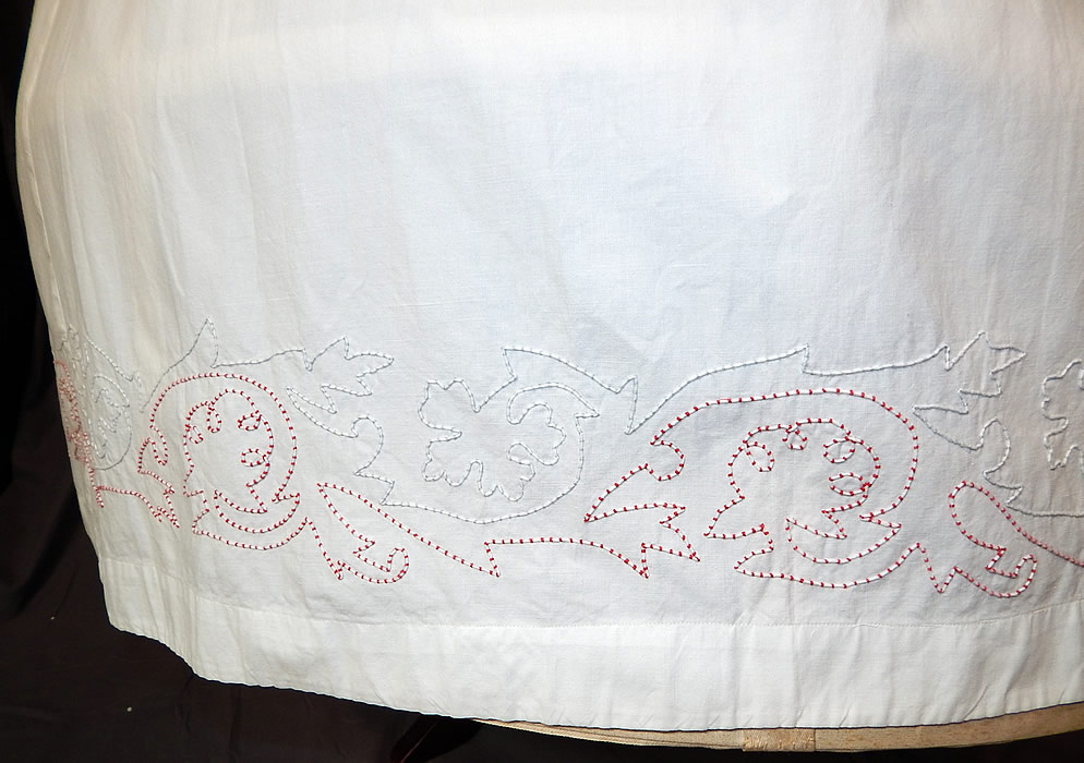 Victorian White Cotton Red Soutache Stitched Embroidery Full Petticoat Skirt
This pretty petticoat skirt has a long floor length full hoop skirt (hoop not included underneath), with a slight back train, gathered back waist and adjustable drawstring closure.