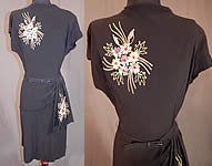 Vintage Black Silk Crepe Chain Stitch Floral Beaded Peplum Cocktail Dress
