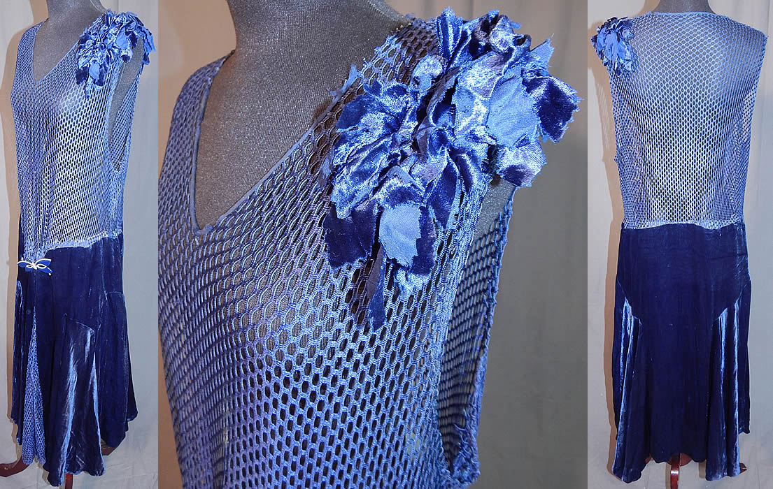 Vintage Art Deco Blue Silk Velvet Mesh Top Rhinestone Butterfly Buckle Flapper Dress
The dress measures 46 inches long, with a 30 inch waist and 36 inch bust. It is in good condition, with only some slight fraying along the neckline. This is truly a wonderful piece of Art Deco wearable art!