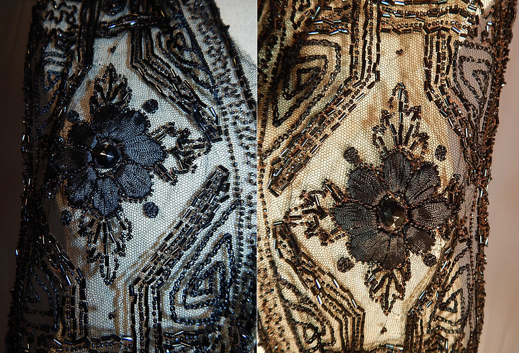 Edwardian Black Net Silk Embroidered Beaded Dress Trim Shawl Collar
There is black jet beaded fringe trim hanging down from the back. This stunning shawl collar sash dress trim has uneven unfinished ends.