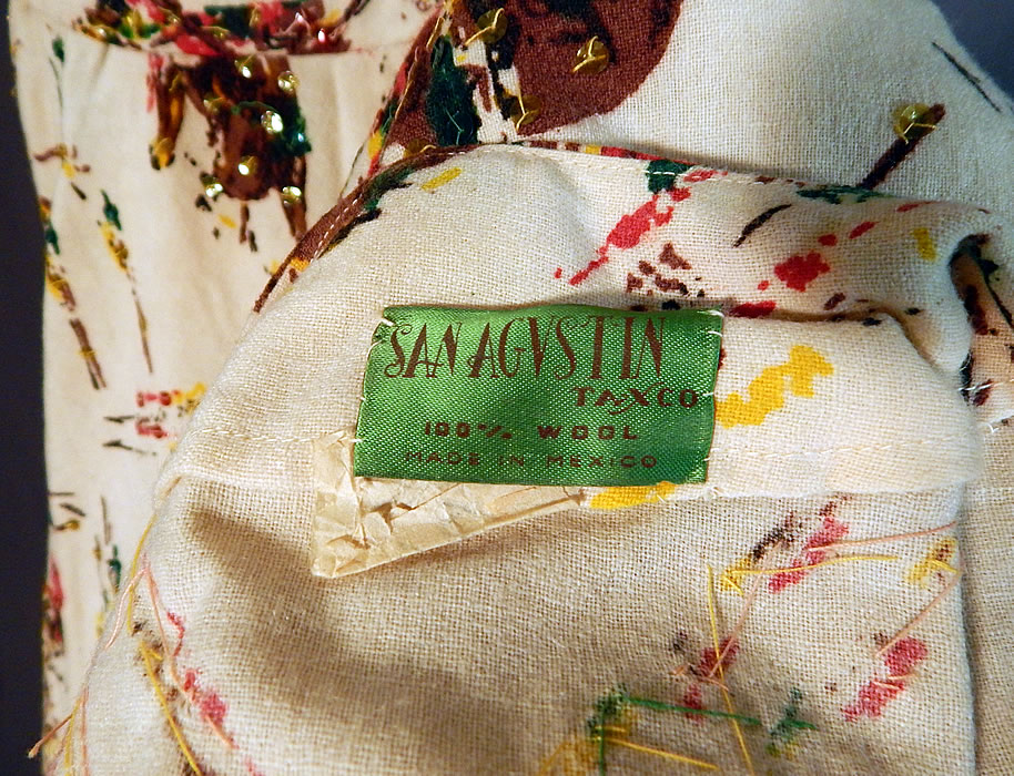 Vintage San Agvstin Taxco Mexico Matador Bull Fighter Novelty Print Circle Skirt Dress
he top measures 19 inches long, with a 28 inch waist and 36 inch bust. There is a "San Agvstin Taxco Made in Mexico" label sewn inside. The two piece ensemble is in fair as-is condition with several small stains and moth nip holes scattered in areas. This is truly is a wonderful piece of wearable Mexican textile art!