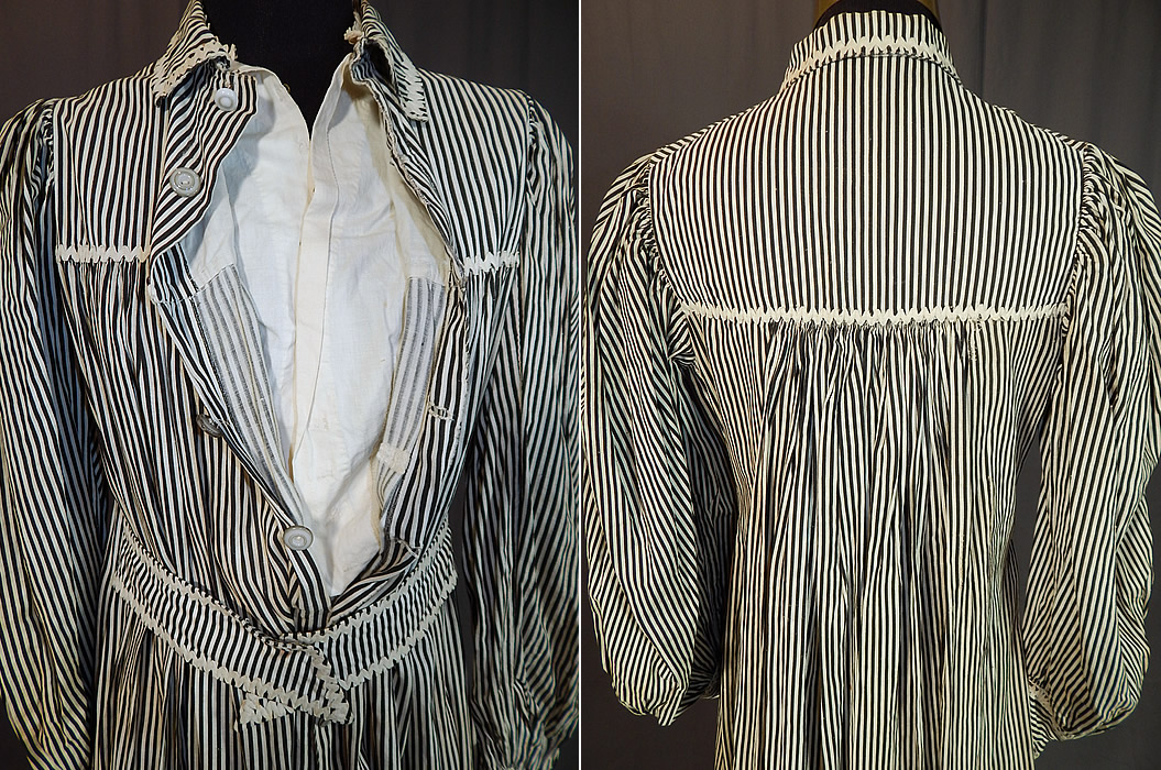 Victorian Black & White Striped Cotton Calico Belted Morning Wrapper Workwear Dress
The dress measures 53 inches long, with a 42 inch waist, 34 inch bust and 24 inch long sleeves. 