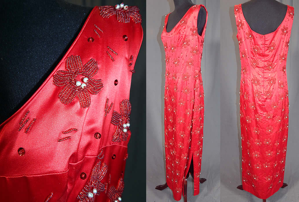Vintage Red Silk Satin Sequin Pearl Beaded Pinup Wiggle Sheath Dress Evening Gown
This retro red rockabilly pinup evening gown has a fitted wiggle sexy sheath style, is a long floor length with side slit skirt, sleeveless top with low rounded scoop necklines, a back zipper closure and is fully lined.