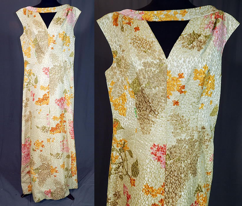 Vintage Tissu Staron Paris Label Gold Lamé Lame Brocade Evening Gown Maxi Dress
This vintage Tissu Staron Paris label gold lamé brocade evening gown maxi dress dates from the 1960s. It is made of a heavy quality silk brocade gold and silver metallic lamé fabric with an abstract floral leaf pastel silk moiré watercolor print pattern.