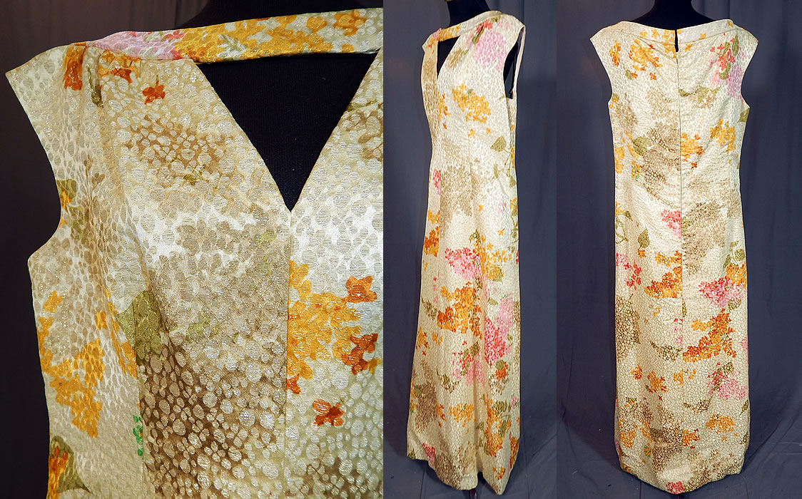 Vintage Tissu Staron Paris Label Gold Lamé Lame Brocade Evening Gown Maxi Dress
This elegant evening gown floor length designer dress is sleeveless, with a cutout key hole triangle shape neckline, back zipper closure and is fully lined.
