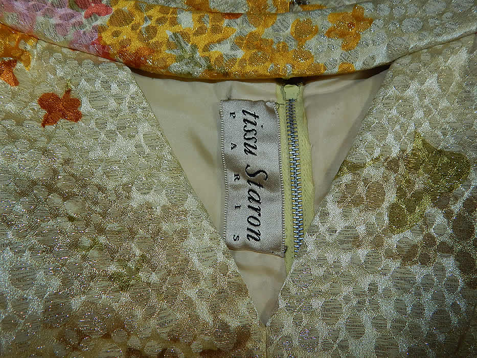 Vintage Tissu Staron Paris Label Gold Lam&eacute; Lame Brocade Evening Gown Maxi Dress
There is a "Tissu Staron Paris" designer label sewn inside. The dress measures 57 inches long, with 42 inch hips, a 34 inch waist and 38 inch bust. It is in excellent condition. This is truly quality made piece of wearable art! 