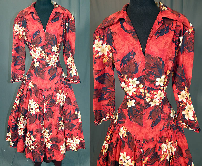 Vintage Red Cotton Hawaiian Plumeria Novelty Print Fit & Flare Circle Skirt Dress
This vintage red cotton Hawaiian plumeria novelty print fit and flare cotton circle skirt dress dates from the 1950s. It is made of shades red, yellow and black cotton fabric, with a Hawaiian plumeria flower novelty print design. 